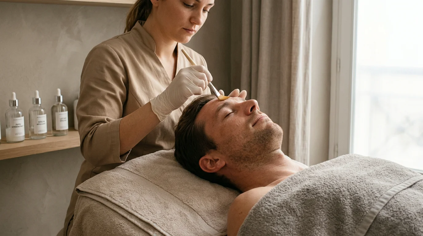 Homme recevant un soin du visage professionnel en cabine d'institut